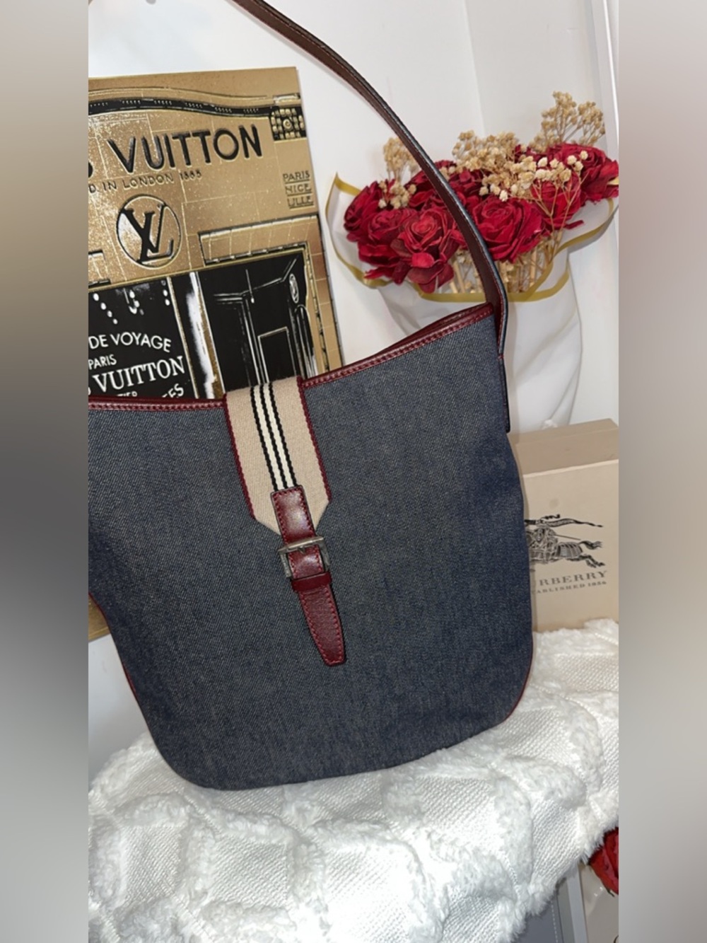 Burberry Denim Shoulder Bag in Dark Blue with Burgundy Trim